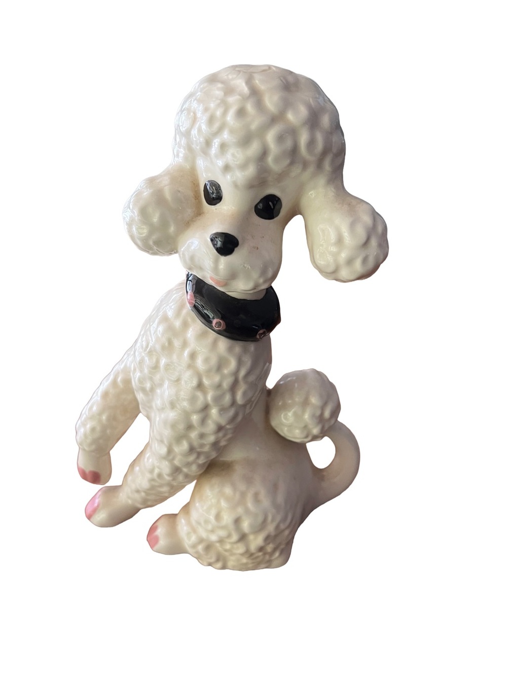 Vintage MCM White Ceramic Poodle Dog Figurine with Black Collar 10”